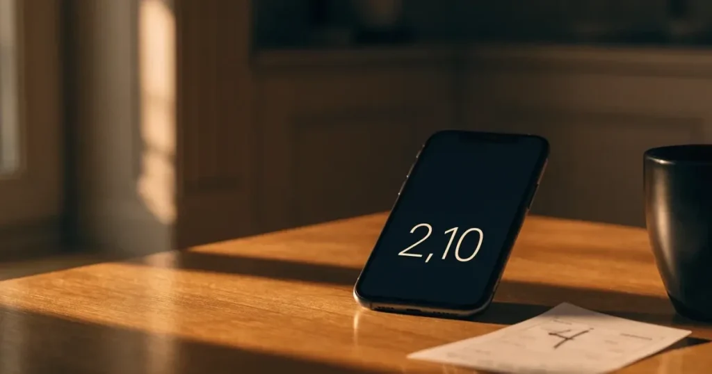 Ein kleines Geschenk mit Schleife steht auf einem Holztisch neben einem Smartphone mit dunklem Display im Seitenlicht.