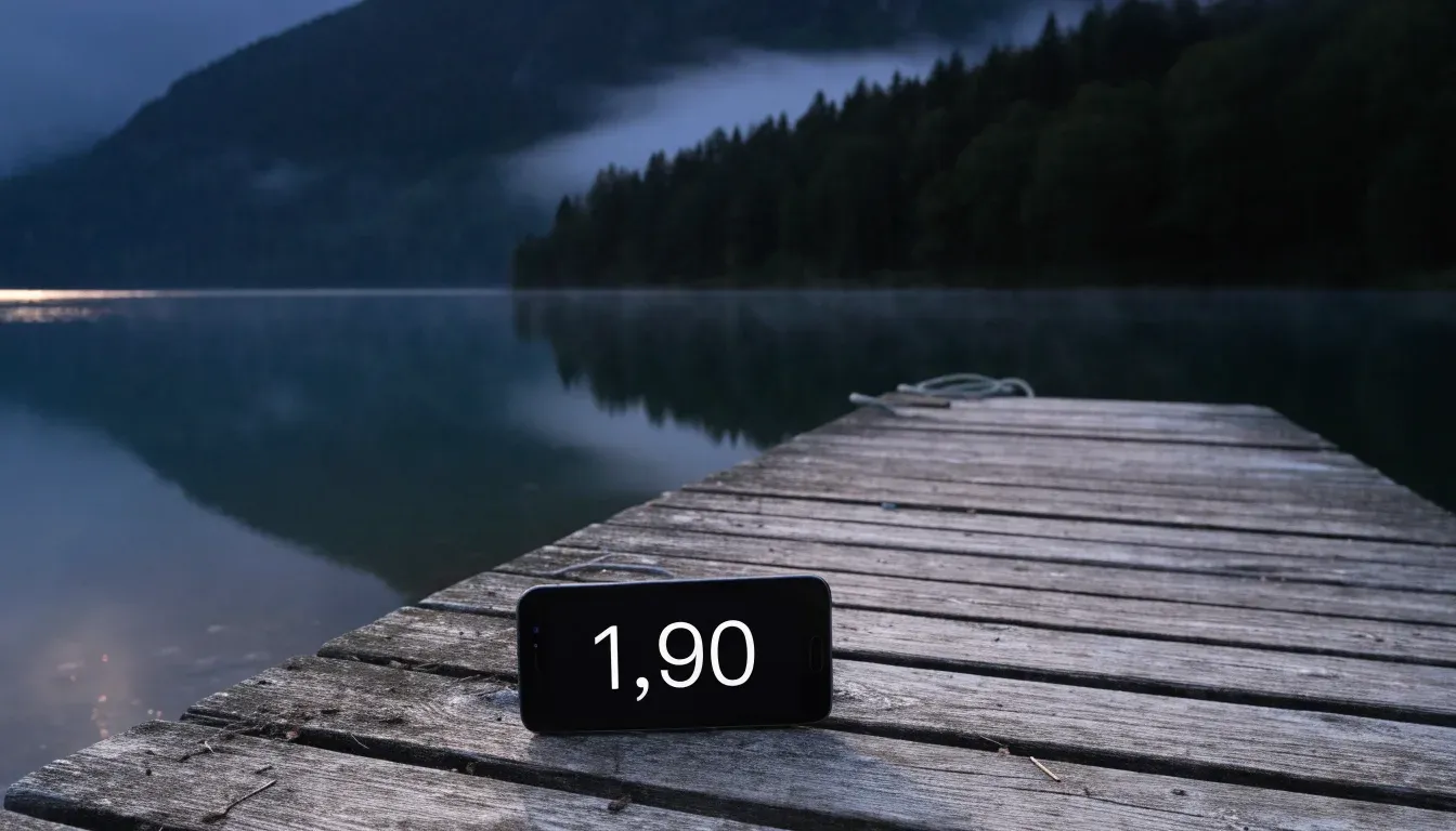 Ein Bergsee in der Dämmerung mit einem leeren Holzsteg, die Wasseroberfläche ist ruhig und Nebel zieht über die Hänge.