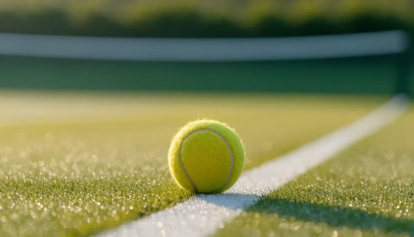Ein gelber Tennisball liegt im Gras neben der weissen Grundlinie, Tau glitzert auf den Halmen im flachen Sonnenlicht.
