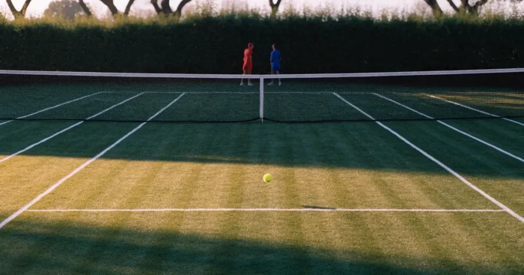 Ein Tennisplatz aus Rasen im ersten Morgenlicht mit frisch gezogenen Linien, einem Netz und einem leeren Schiedsrichterstuhl, dahinter hohe Hecken.