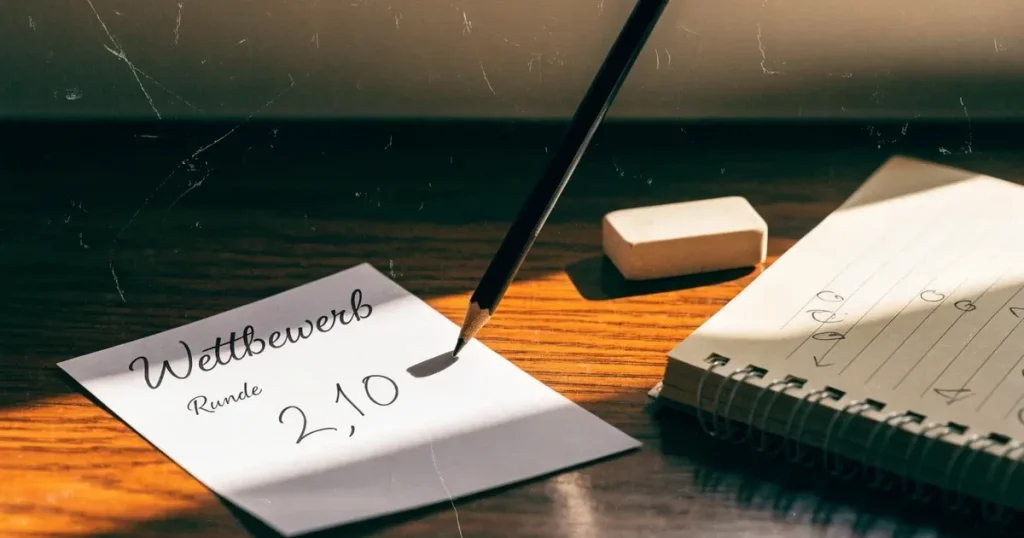 Ein Bleistift liegt quer auf einem karierten Papierblock mit handgezeichneten Kreisen und Pfeilen, daneben ein Radiergummi im Seitenlicht.