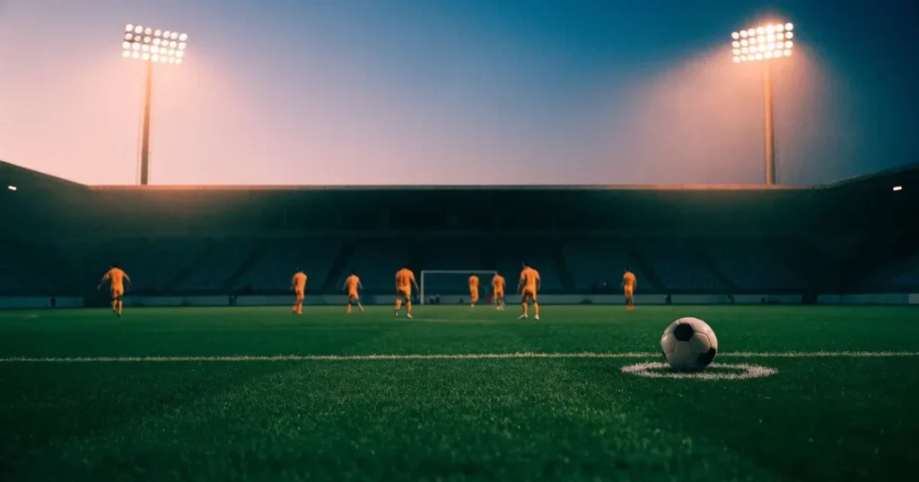 Eine Reihe leerer Sitzplätze in einem Stadion, die Sessel in gleichmässigem Abstand, über den Rängen ein Abendhimmel in Rosa.