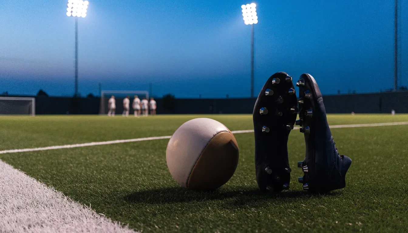Ein Fussball und ein Paar Stollenschuhe stehen am Rand eines Kunstrasenplatzes, Flutlichtmasten ragen in den Abendhimmel.