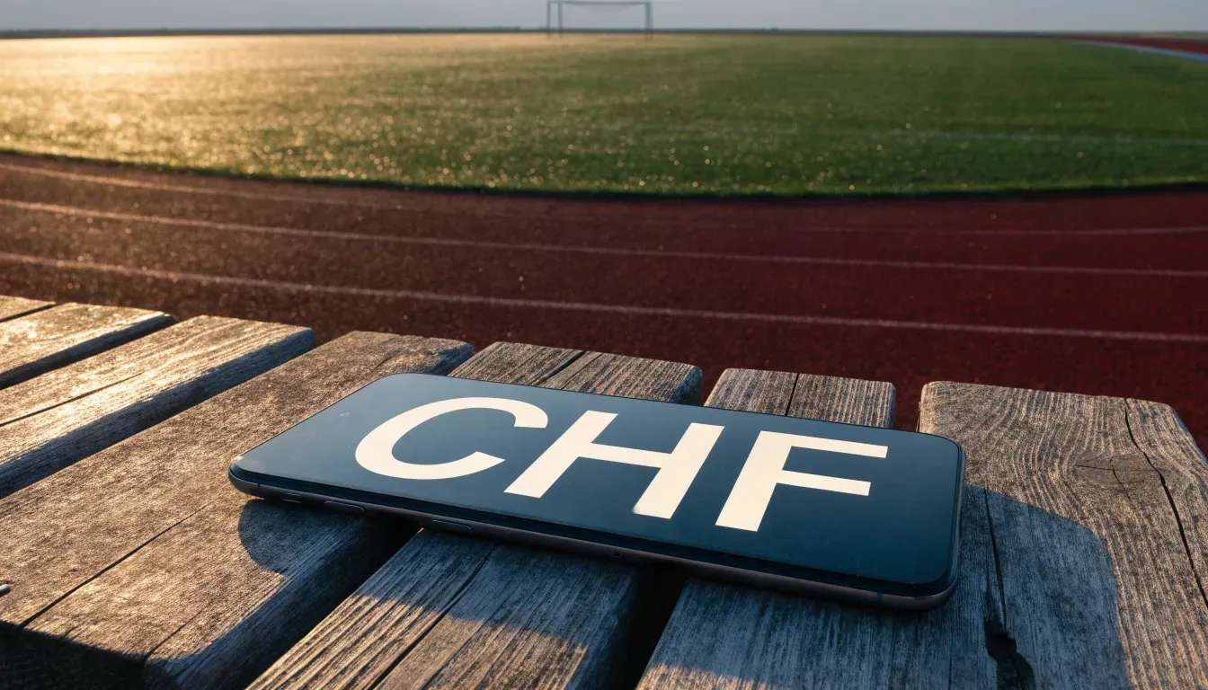 Eine rote Laufbahn umringt ein Fussballfeld beim Sonnenaufgang, auf dem Rasen liegt Tau.
