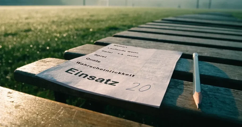 Ein Klemmbrett mit leerem Papier und ein Bleistift liegen auf einer Tribünenbank, darunter ein Rasenplatz im Frühnebel.