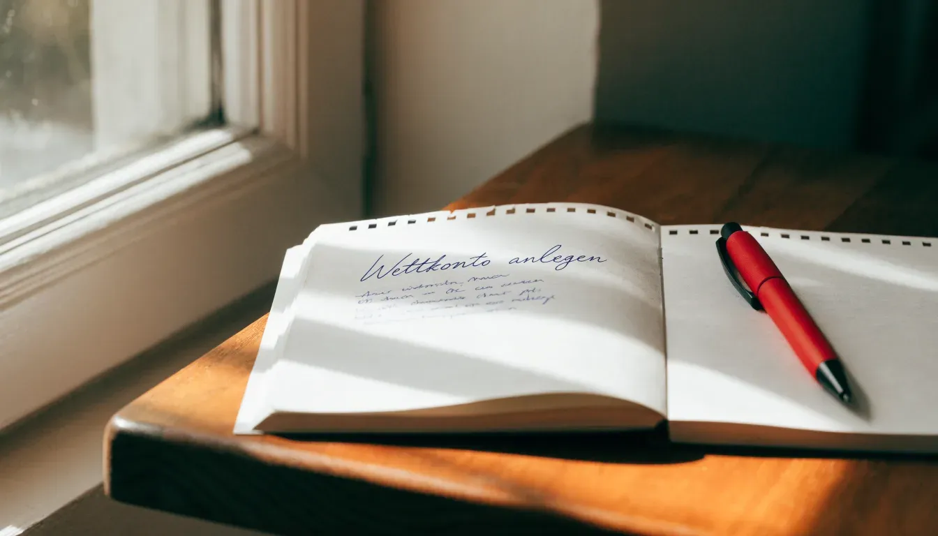 Ein aufgeschlagenes Notizbuch mit handschriftlichen Notizen und ein Kugelschreiber liegen auf einem Holztisch neben einem Fenster mit Tageslicht.