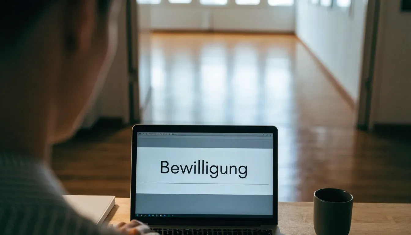 Ein langer, heller Flur in einem Verwaltungsgebäude mit Holzboden und hohen Fenstern am Ende, menschenleer.