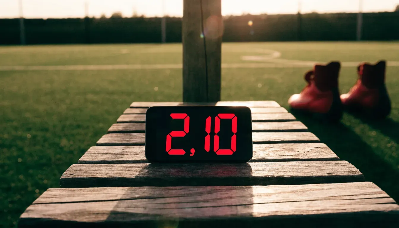 Ein Fussballschuh hängt an den Schnürsenkeln an einem Zaunpfosten neben einem Trainingsplatz im Abendlicht.