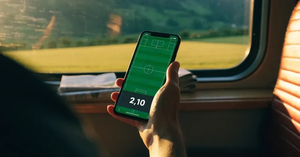 Eine Hand hält ein Smartphone mit schwarzem Bildschirm vor einem Zugfenster, draussen ziehen Hügel und Wiesen vorbei.