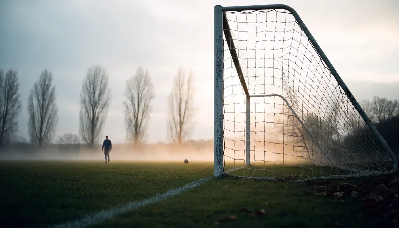 Ein Torpfosten mit Netz steht im Gegenlicht auf einem leeren Fussballplatz, über dem Rasen liegt Nebel.