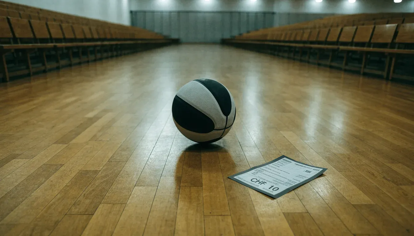 Ein Basketball liegt auf dem Parkett einer leeren Sporthalle im Licht der Deckenlampen.