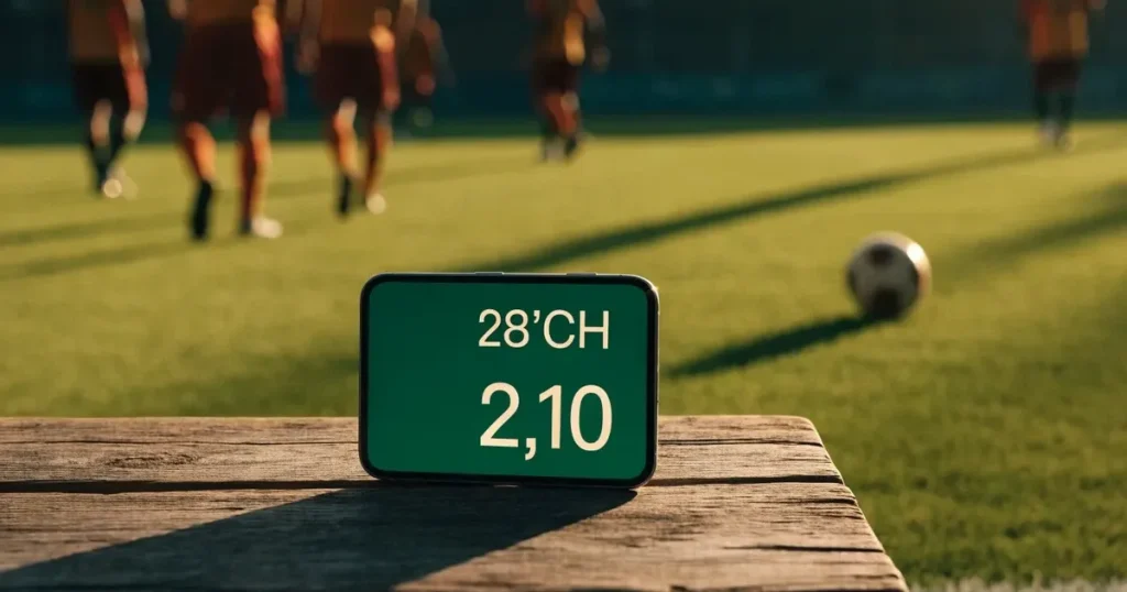 Fünf Fussbälle liegen in einer Reihe auf einer Rasenkante, die Sonne steht tief über dem Platz.