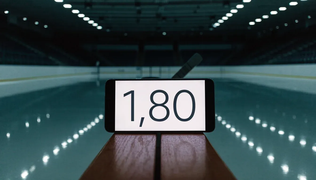 Ein Eishockeyschläger lehnt an der Bande einer leeren Halle, auf dem Eis spiegeln sich die Deckenlampen.