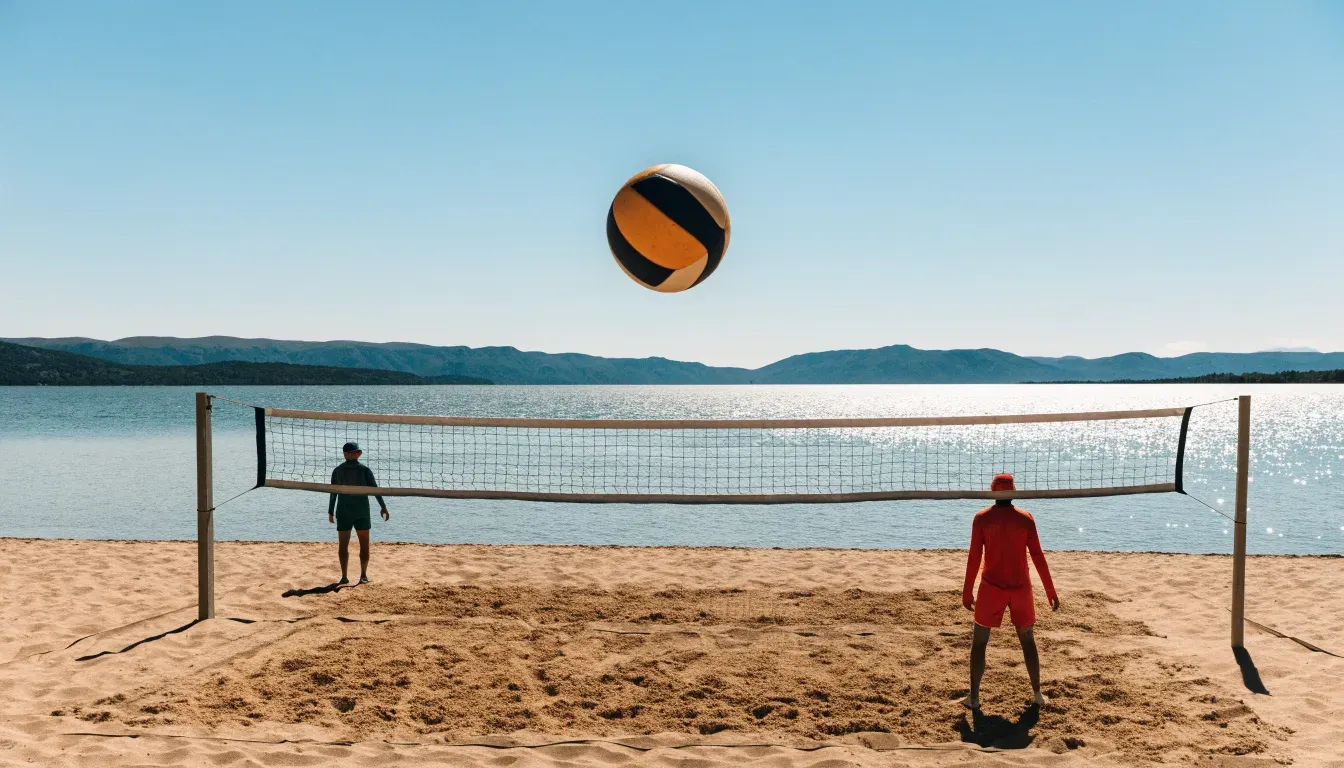 Ein Volleyball liegt auf dem Sand eines Strandfeldes am Seeufer, im Hintergrund glitzert das Wasser.
