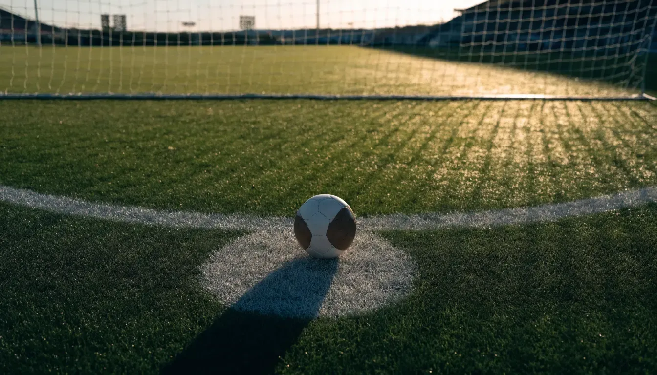 Ein einzelner Fussball liegt auf dem Elfmeterpunkt eines leeren Strafraums, der Rasen glänzt nass.