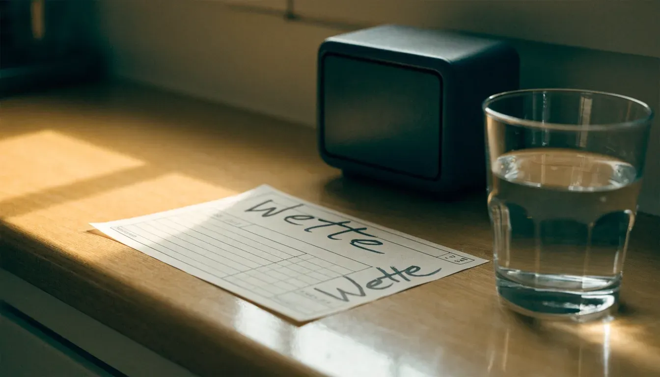 Ein altes Radio steht auf einer Küchenablage neben einem Glas Wasser, Morgenlicht fällt durchs Fenster.