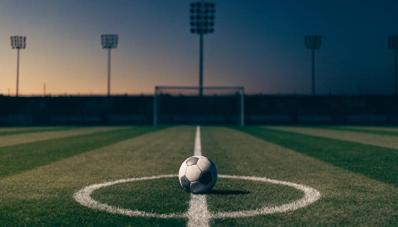 Ein Fussball liegt auf dem Mittelpunkt eines leeren Rasenplatzes, im Hintergrund ragen Flutlichtmasten in die Abenddämmerung