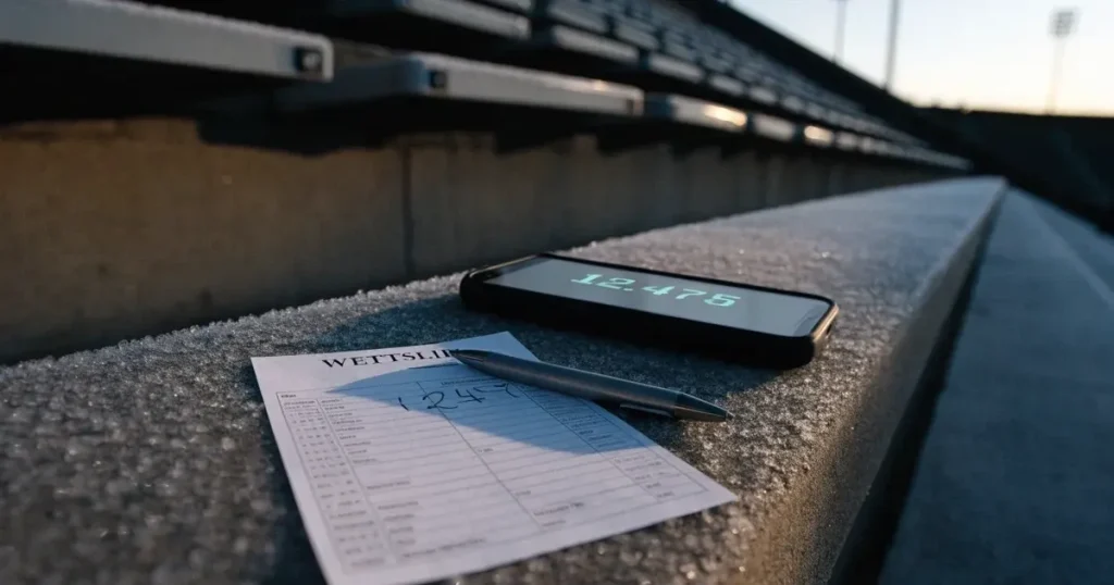 Ein einfarbiger grauer Schal liegt auf einer leeren Betontribüne, Raureif auf den Sitzen, kühles Morgenlicht über dem Stadion