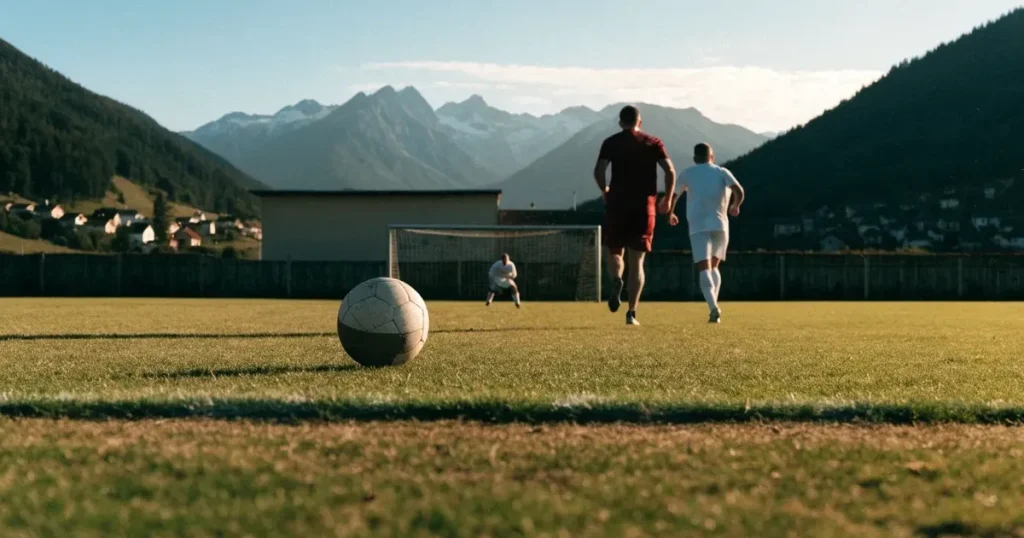 Ein Dorf-Sportplatz mit einem Ball am Strafraumrand, dahinter schneebedeckte Alpengipfel im klaren Morgenlicht