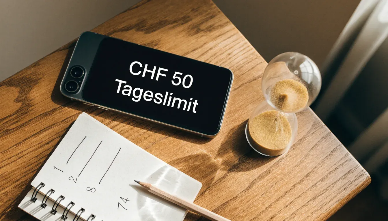 Eine Sanduhr steht neben einem Smartphone mit dunklem Display auf einem Holztisch, ruhiges Tageslicht fällt von der Seite ein