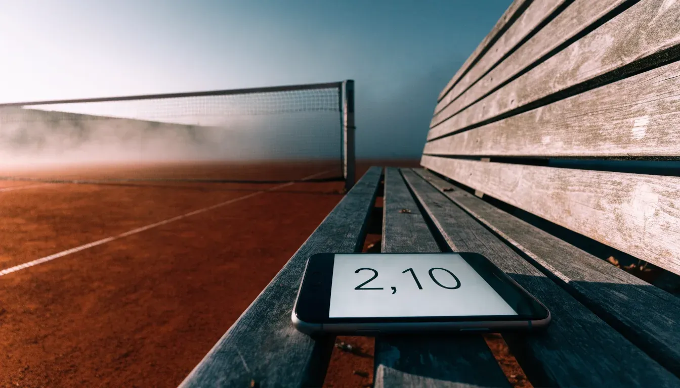 Ein Tennisplatz mit Sandbelag in der Morgendämmerung, Netz und Linien liegen im ersten Licht, Nebel hängt über dem Boden