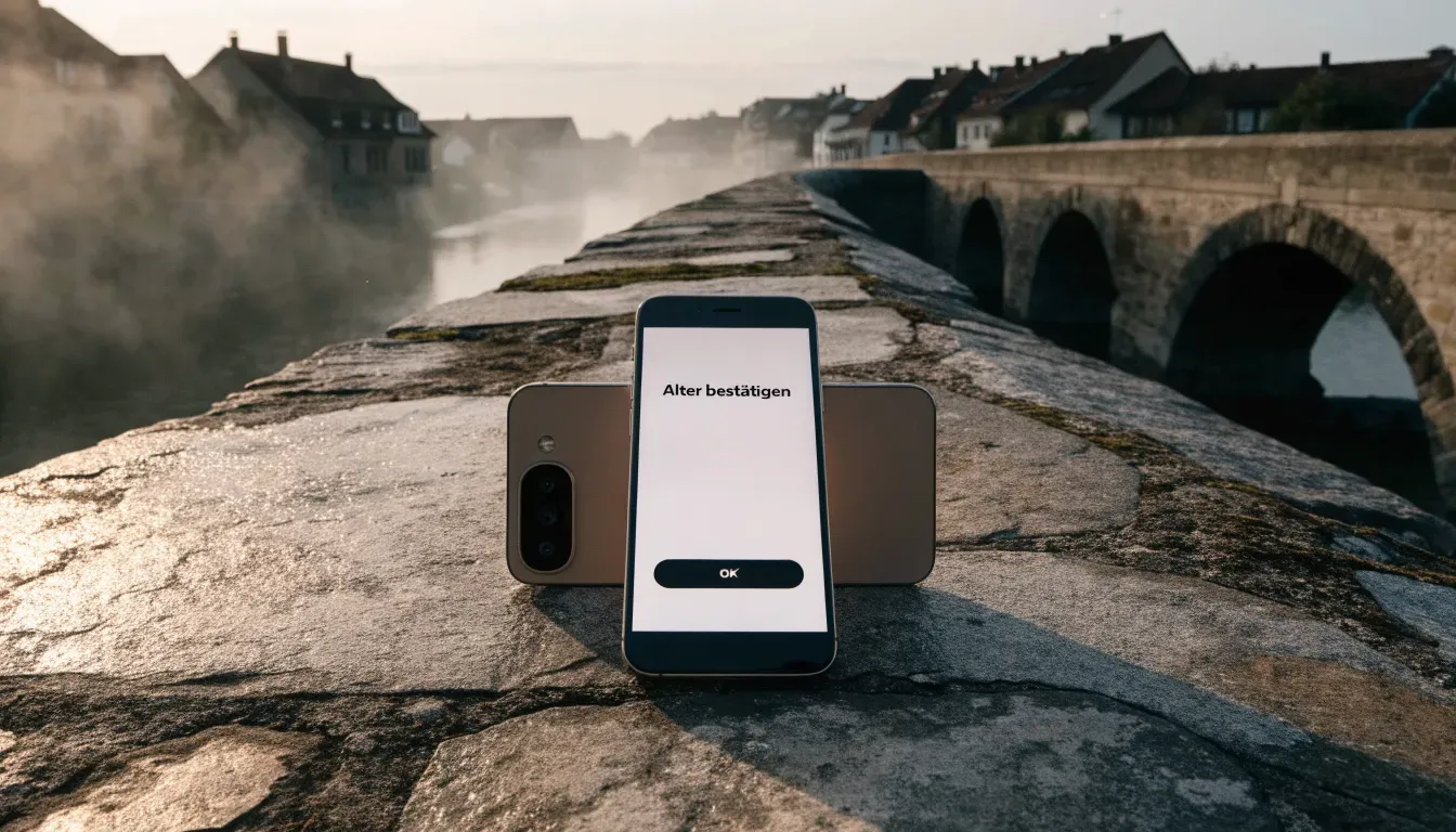 Eine steinerne Brücke über einen Fluss in einer Kleinstadt am frühen Morgen, Nebel zieht zwischen den Dächern hindurch
