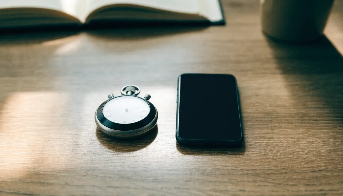 Eine Stoppuhr und ein Smartphone mit dunklem Display liegen nebeneinander auf einem Holztisch, weiches Fensterlicht