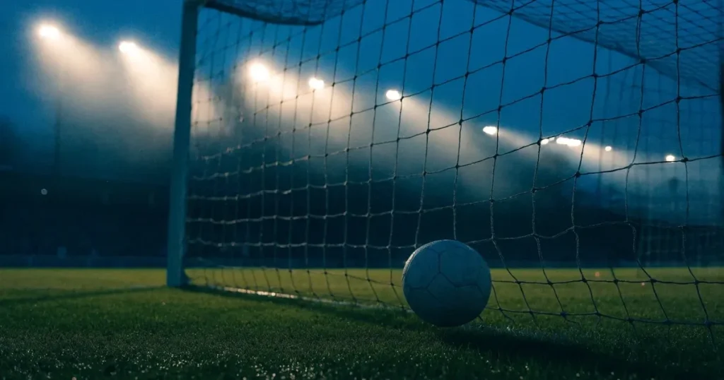 Ein Fussball liegt im Netz eines Tores, Flutlicht und kalte Abendluft liegen über dem leeren Platz