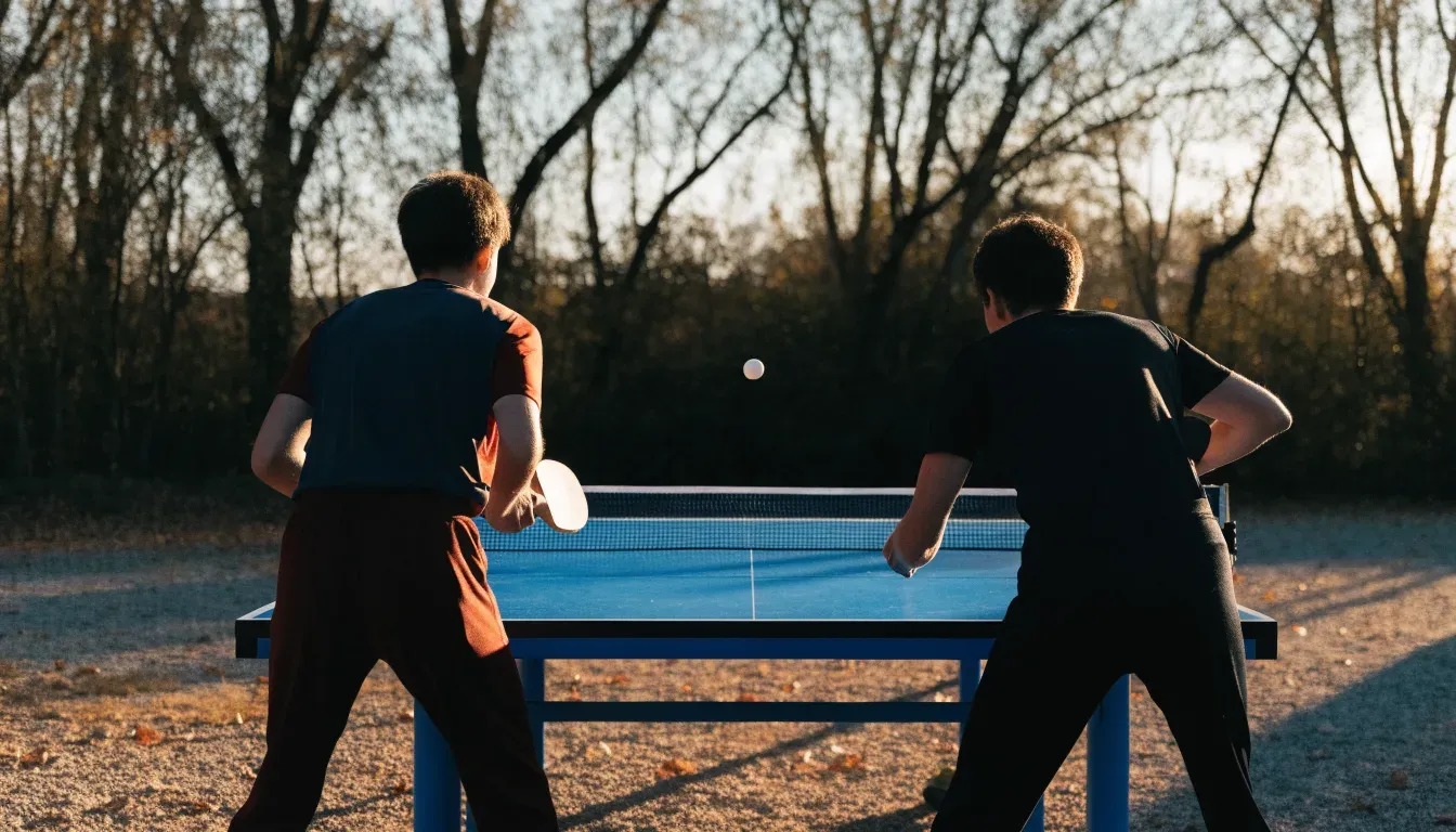 Eine Tischtennisplatte im Freien unter Bäumen, Herbstlaub liegt auf der Platte, das Licht fällt schräg durch die Äste