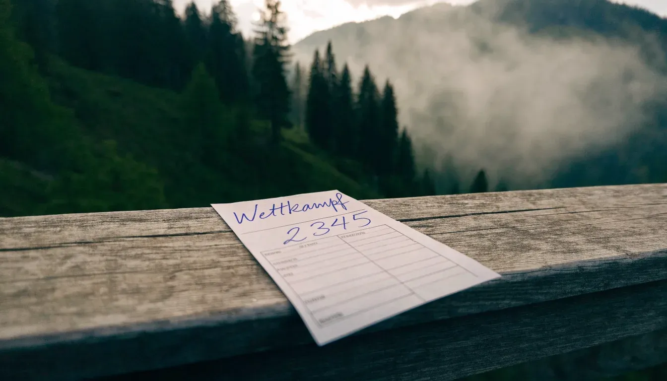 Eine alte Holzbrücke über einen Gebirgsbach, Moos auf den Steinen, Nebelschwaden hängen im Tal