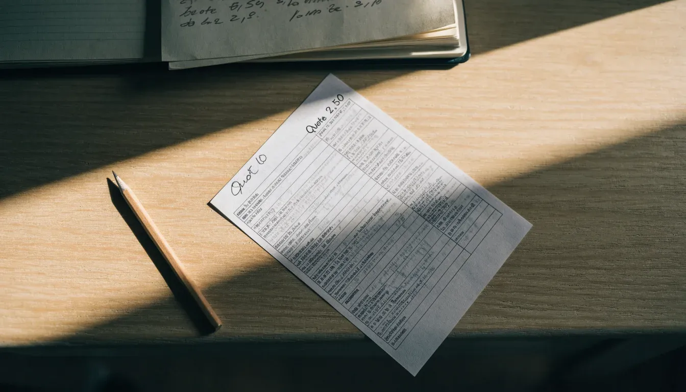 Ein Taschenrechner und ein Bleistift liegen auf einem leeren Blatt Papier, schräges Licht einer Schreibtischlampe