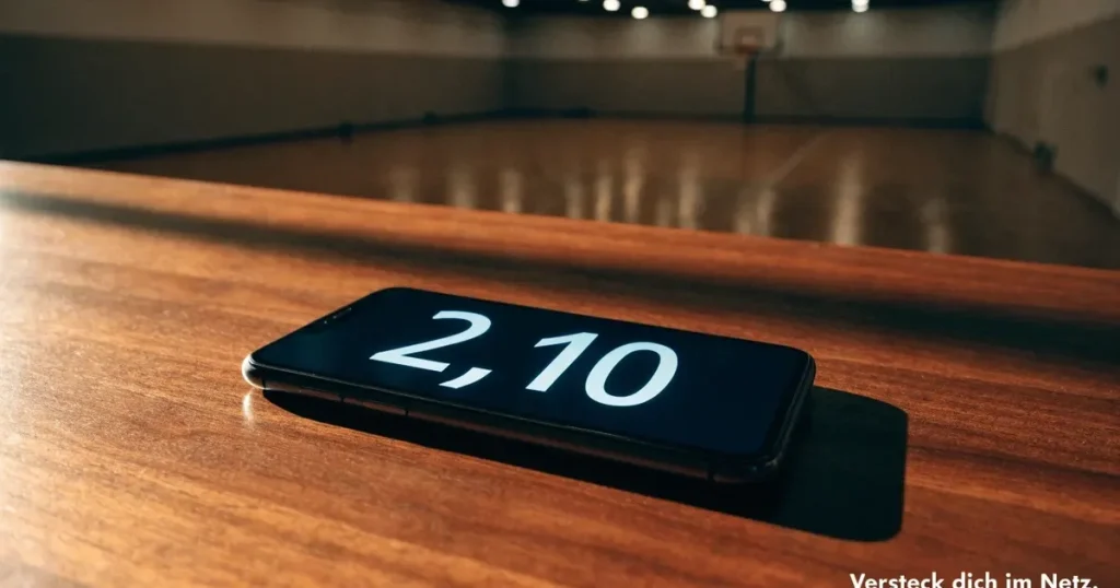 Ein Basketballkorb in einer leeren Halle, der Parkettboden glänzt im Licht der Deckenlampen