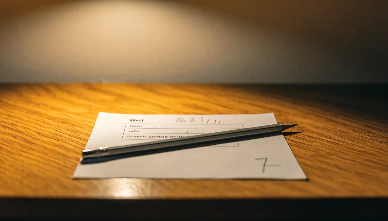 Ein leerer Wettschein aus Papier und ein Bleistift liegen auf einem Holztresen, warmes Licht einer Lampe