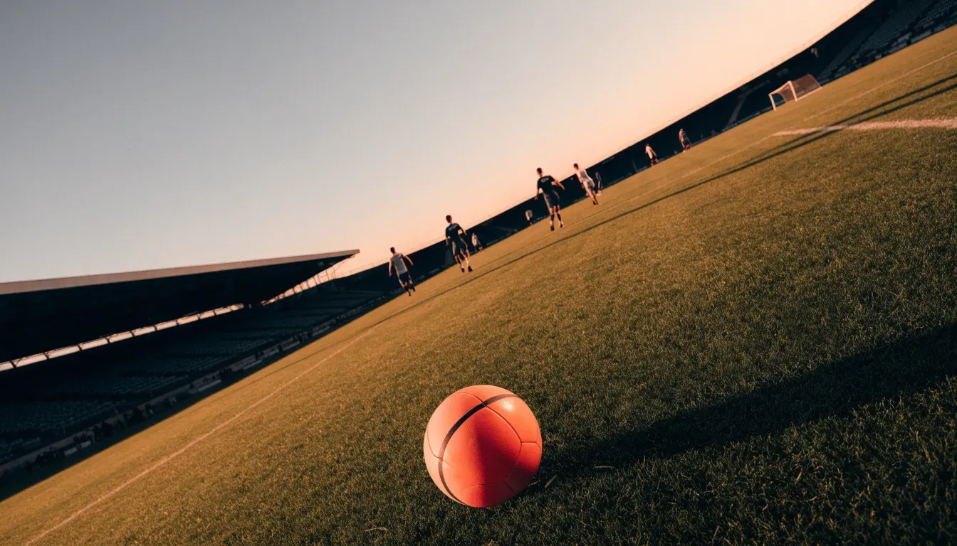 Eine leere Stadiontribüne bei Sonnenaufgang aus der Ferne, lange Schatten fallen über die Sitzreihen