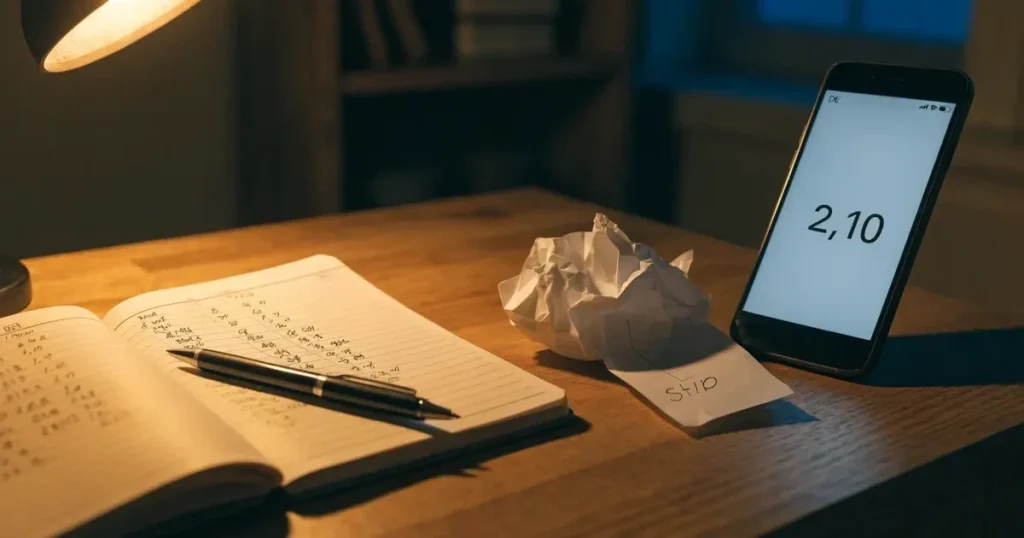Ein Notizbuch mit handschriftlichen Spalten und ein Kugelschreiber neben einem Taschenrechner, Licht einer Schreibtischlampe