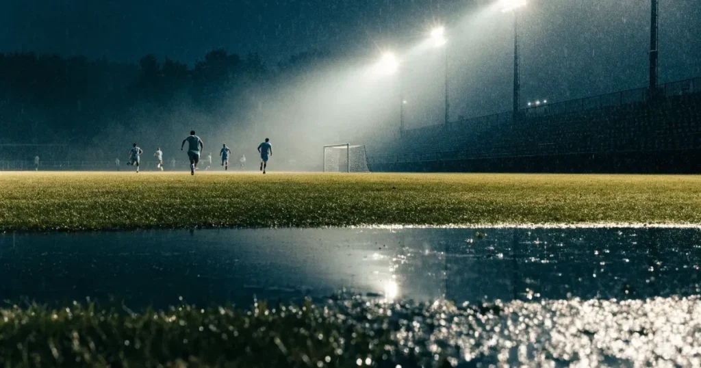 Ein Fussballplatz mit Kunstrasen im Regen, Pfützen spiegeln das Licht der Flutlichtmasten
