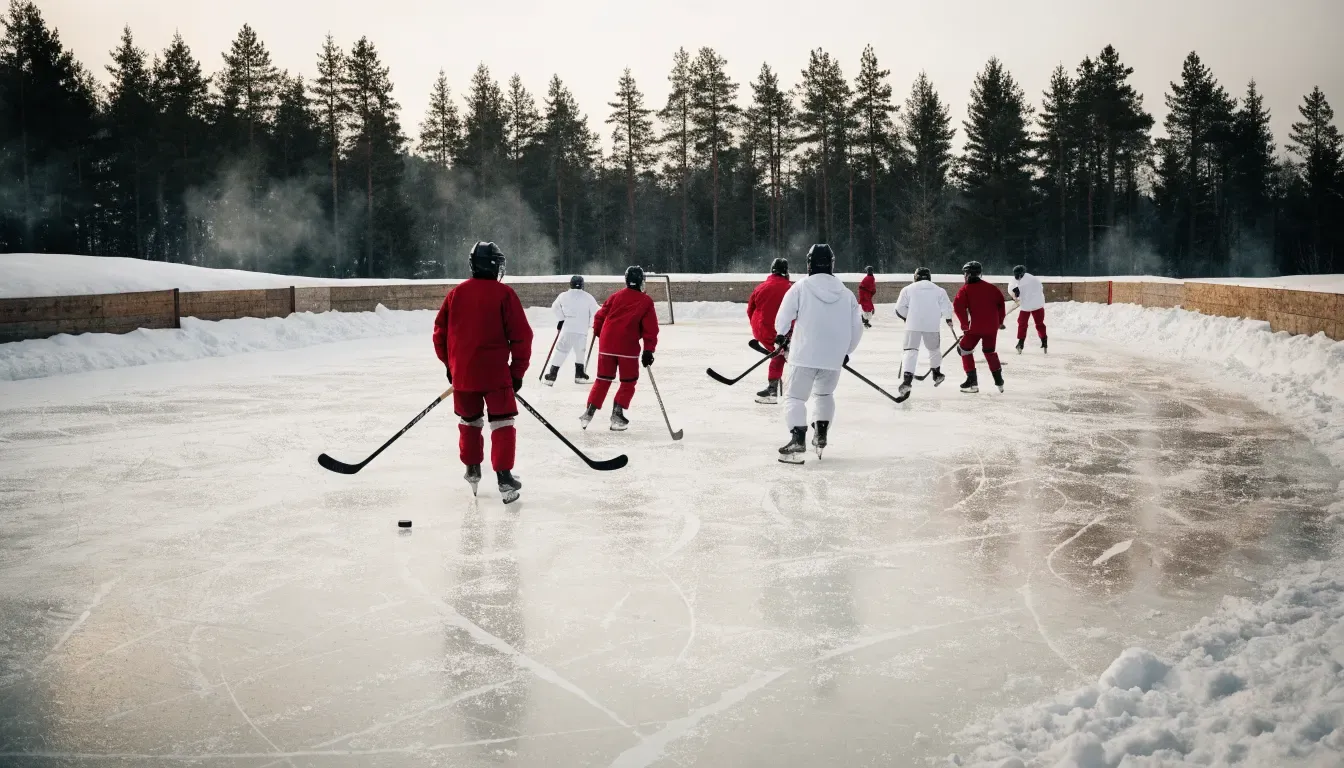 Ein Eishockeyfeld im Freien auf einem zugefrorenen See, Schneewehen an den Banden, klare Winterluft
