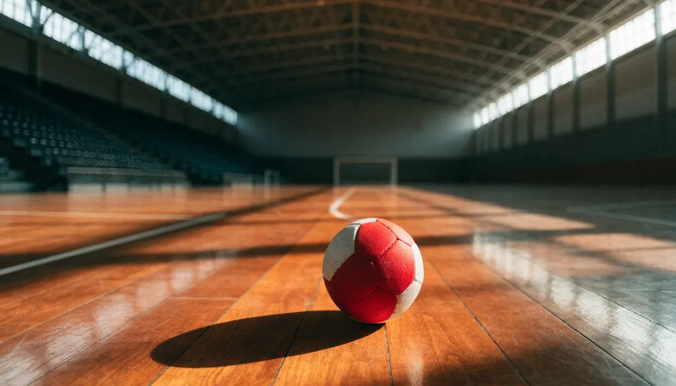 Ein Handball liegt auf dem Hallenboden einer leeren Sporthalle, Streifen von Licht aus den Oberlichtern