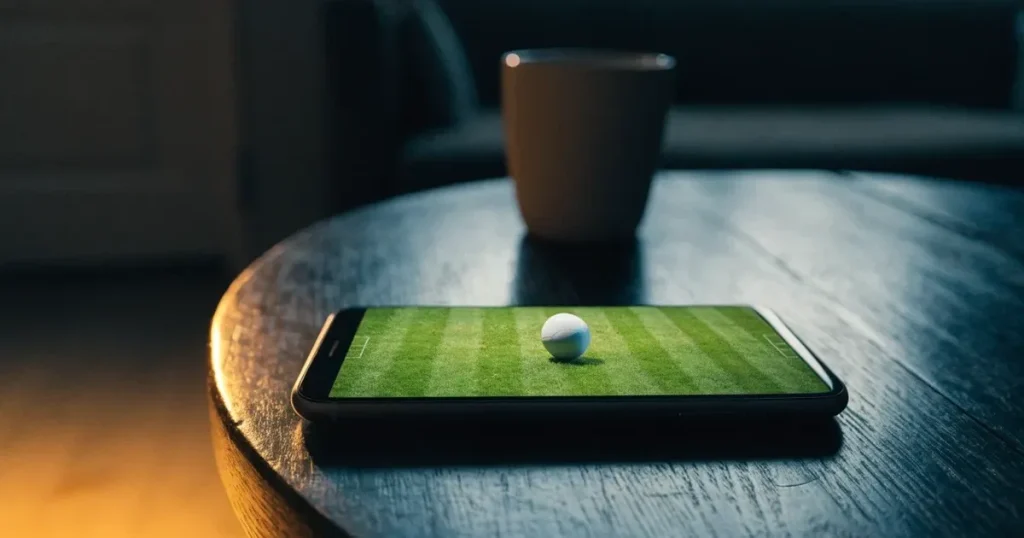 Ein Fussball liegt auf dem Anstosspunkt eines leeren Rasenplatzes in der Abenddämmerung, im Hintergrund leuchten Flutlichtmasten.