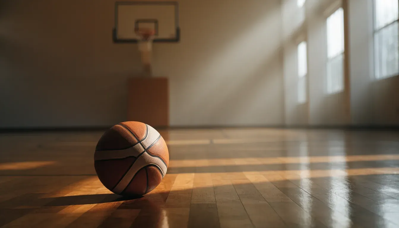 Ein Basketball ruht auf dem polierten Parkett einer leeren Halle, Nachmittagslicht fällt durch hohe Fenster.
