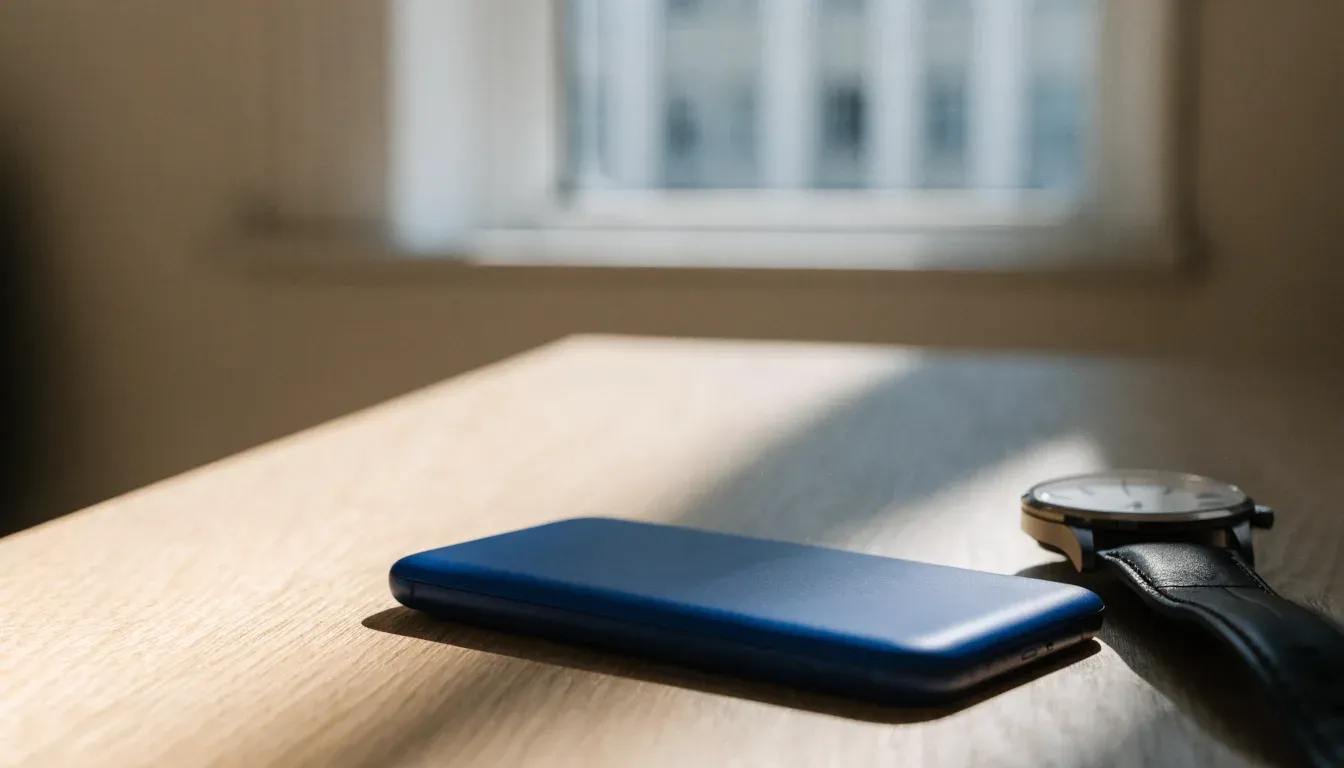 Ein Smartphone liegt mit dem Display nach unten auf einem Tisch neben einer Armbanduhr, im Hintergrund ein unscharfes Fenster.