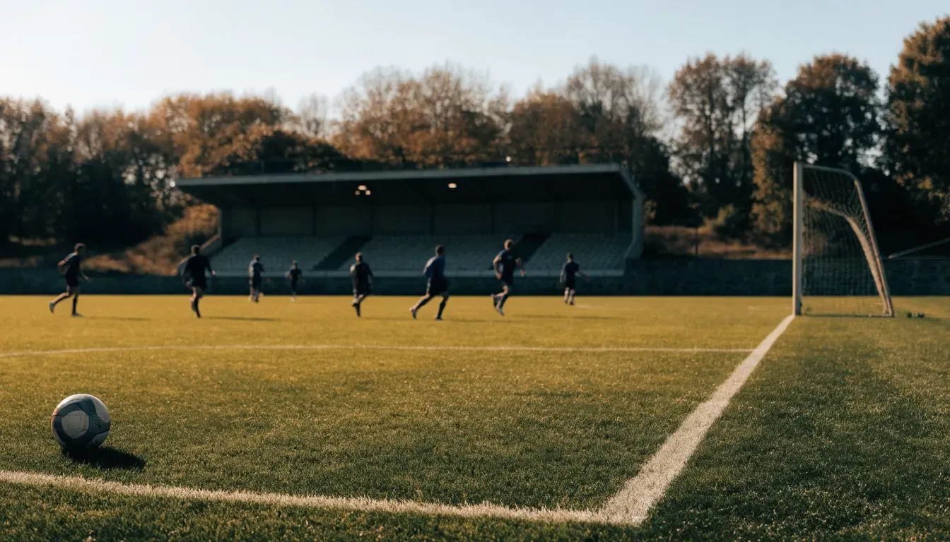 Leere Zuschauerränge eines kleinen Stadions im Herbstlicht, davor ein Rasenplatz mit frisch gezogenen Linien.