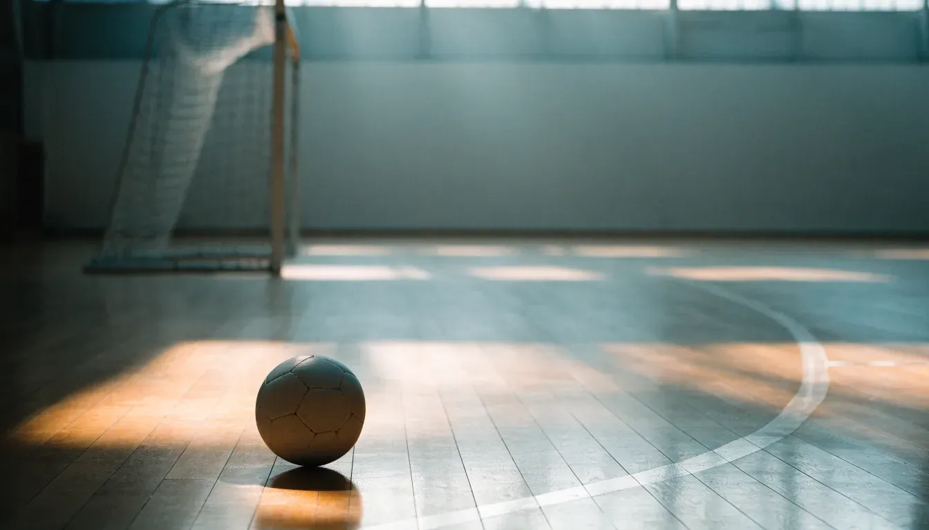 Ein Handball liegt am Rand des Torraums in einer leeren Sporthalle, Licht fällt durch Oberlichter auf den Hallenboden.