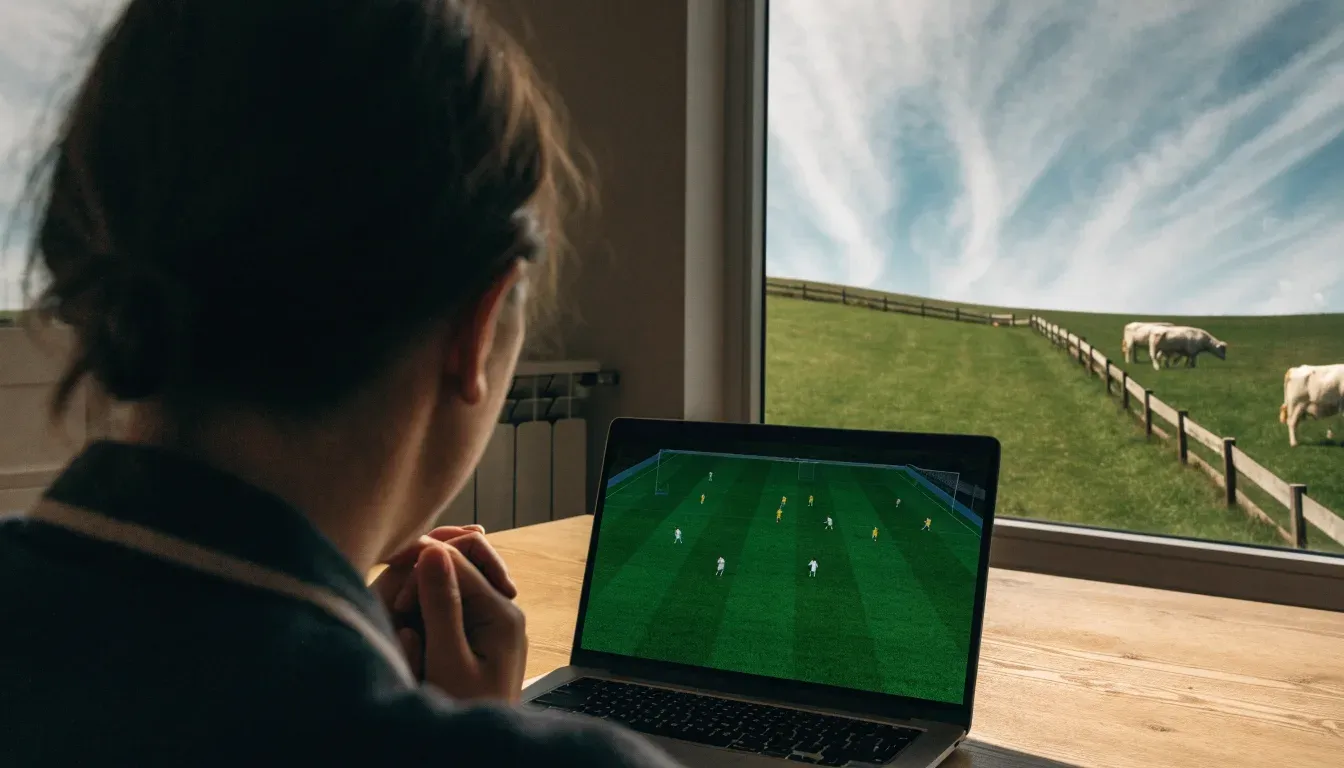 Ein Dorffussballplatz mit Holzzaun am Hang, dahinter grasen Kühe auf einer Weide unter hohen Wolken.