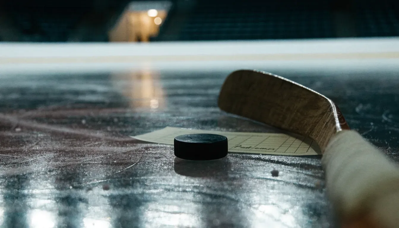 Ein Eishockeypuck und ein Schläger liegen auf einer glänzenden Eisfläche, im Hintergrund verschwimmen leere Banden.