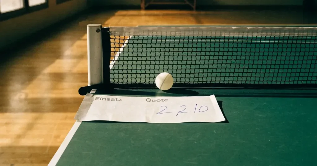 Eine Tischtennisplatte steht in einer leeren Sporthalle, ein einzelner Ball liegt am Netz und Tageslicht fällt von der Seite ein.