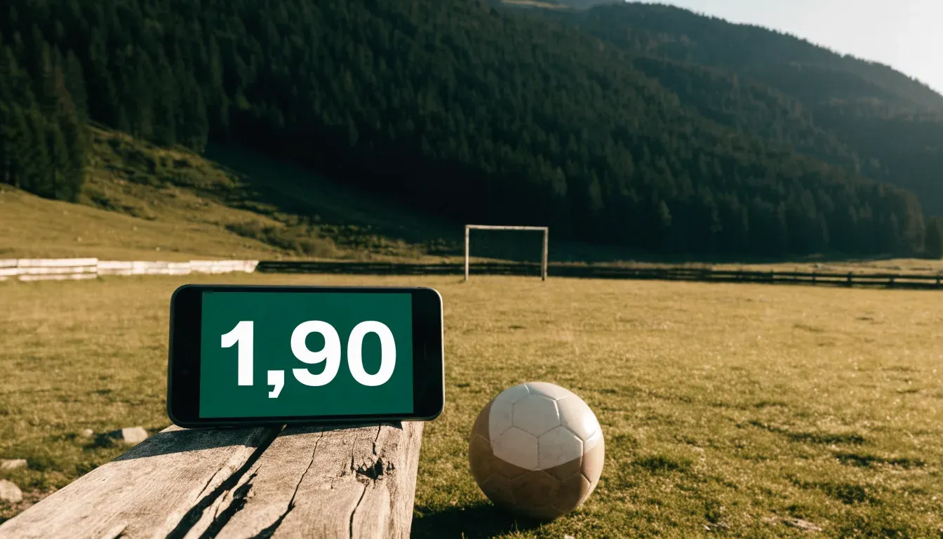 Eine Almwiese mit einem kleinen Holztor für Kinderfussball, dahinter erheben sich bewaldete Hänge im Nachmittagslicht.