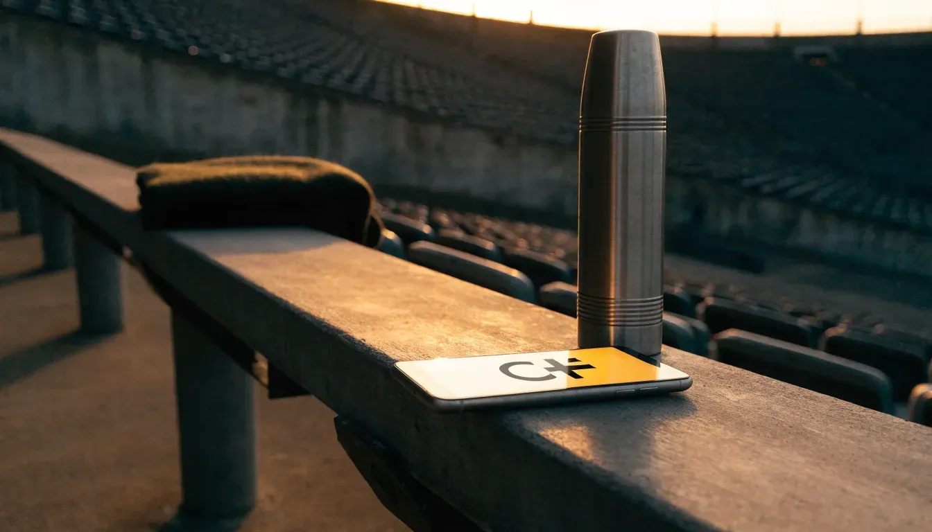 Eine Thermoskanne und eine zusammengelegte Wolldecke stehen auf einer leeren Stadionbank, die Sonne geht hinter den Rängen unter.