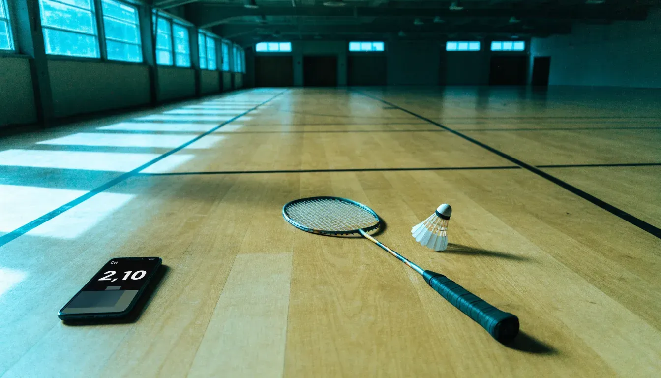 Ein Badmintonschläger liegt neben einem Federball auf dem hellen Hallenboden eines leeren Spielfelds.