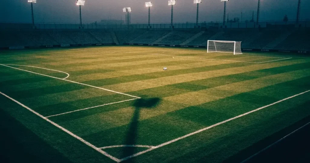 Ein menschenleerer Fussballplatz mit frisch gemähtem Rasen unter Flutlichtmasten in der Abenddämmerung, aus erhöhter Perspektive fotografiert.